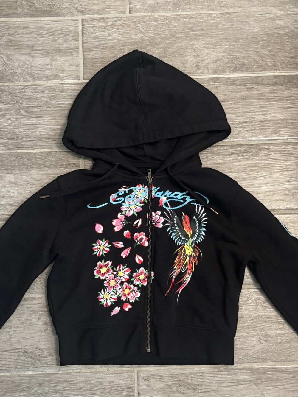Womens Ed Hardy Black Zip-Up Hoodie with Floral & Parrot Graphic